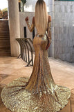 long sleeves v neck gold prom dreses sequins long evening dress