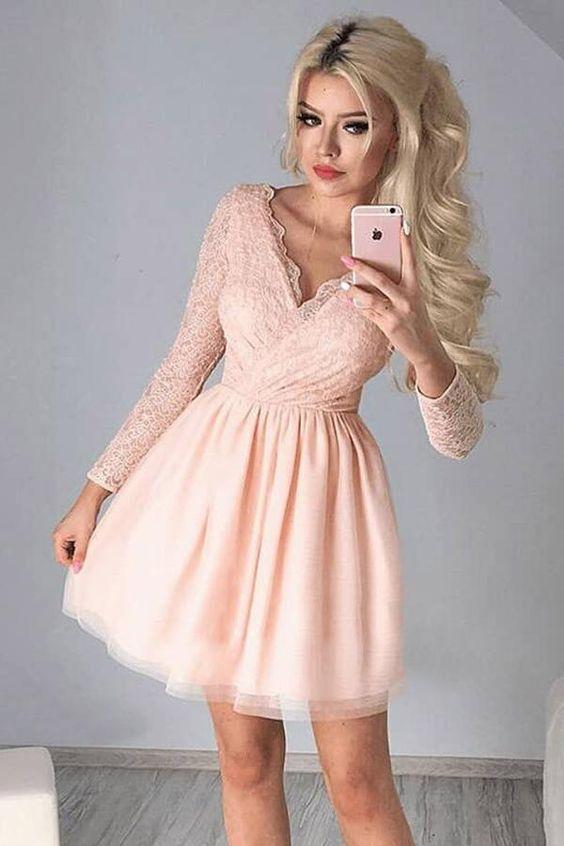 blush pink tulle homecoming dress lace long sleeves a line party gown