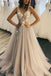 charming v neck tulle a line sleeveless long wedding dresses
