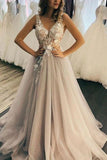 Charming V neck Tulle A-line Sleeveless Long Wedding Dresses PW431