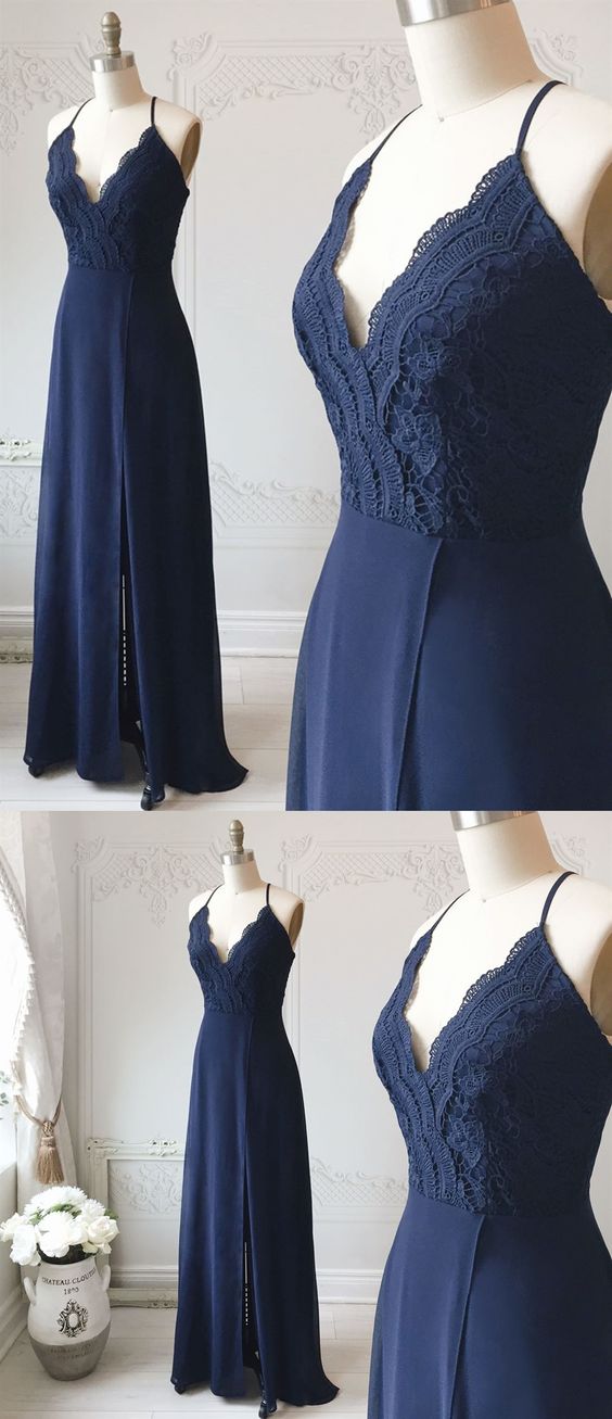 Spaghetti Straps Lace Navy Blue Prom Dresses, Elegant Wedding Party Dresses GP202