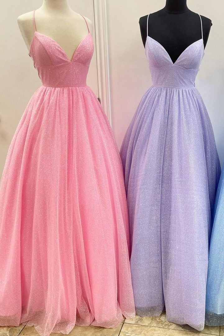 a line sparkly lavender tulle long prom dress backless formal gown