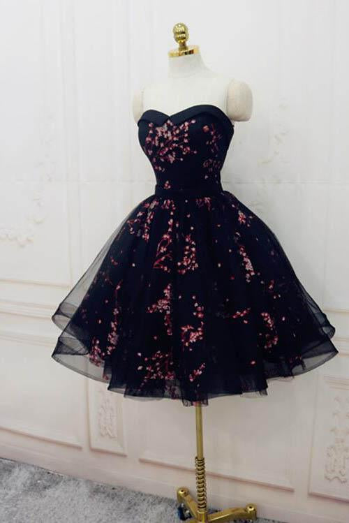 cute sweetheart tulle black homecoming dresses strapless appliqued sweet 16 dress