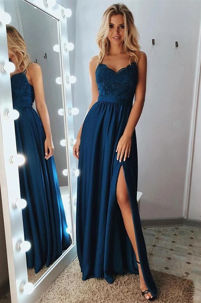 a line lace applique dark navy long prom dress with split