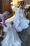 off shoulder tulle appliques wedding dress with detachable train