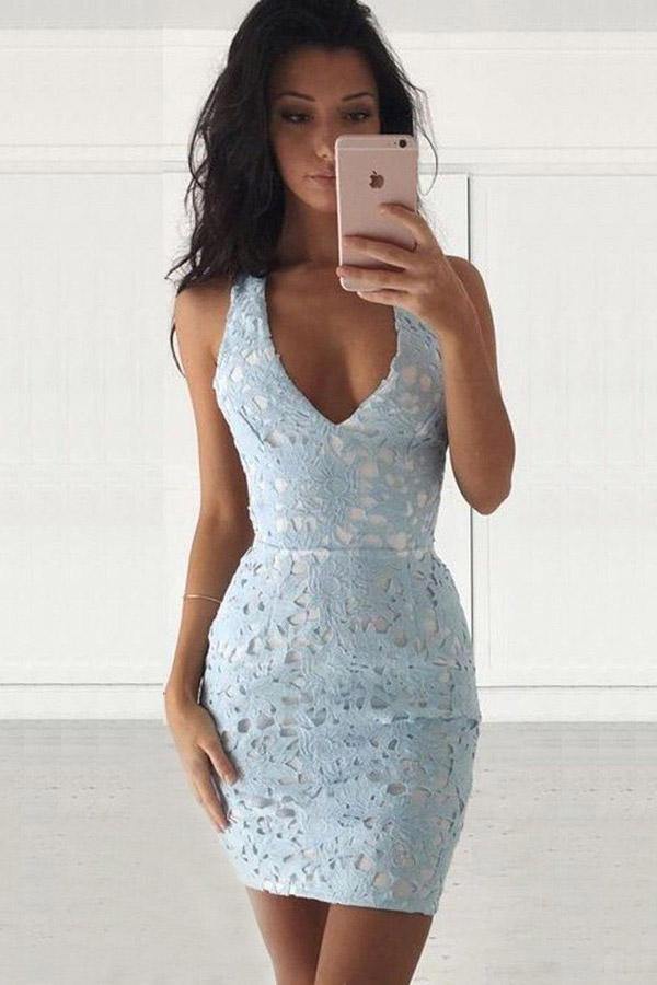 light blue lace tight homecoming dress bodycon mini party dress