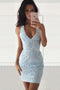 Light Blue Lace Tight Homecoming Dress Bodycon Mini Party Dress GM459