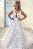 Charming Deep V Neck Lace Applique Wedding Dresses With Train PW541