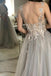 a line see through gray tulle lace long prom formal dress
