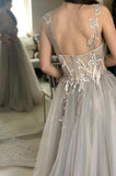 A line See-Through Gray Tulle Lace Long Prom Formal Dress GP300