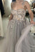 a line see through gray tulle lace long prom formal dress
