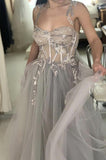 A line See-Through Gray Tulle Lace Long Prom Formal Dress GP300