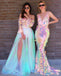 unique iridescent sequins long prom dresses slit evening dresses