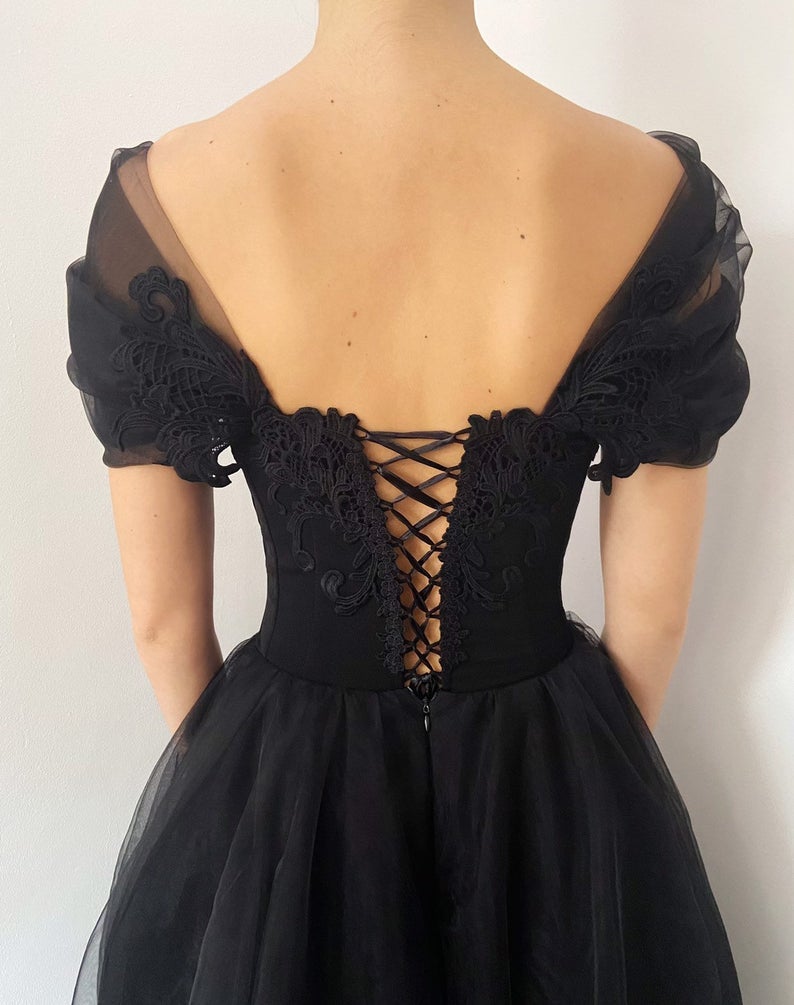 princess black gothic coret tulle prom dress elegant black formal gown