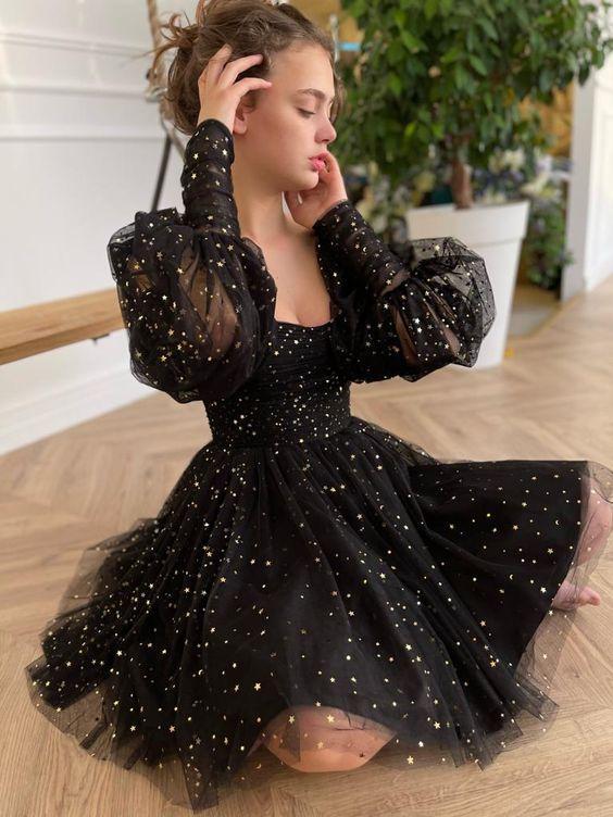 princess black tulle long sleeves homecoming dress starry night sweet 16 dress