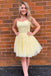 yellow a line homecoming dress lace appliqued short graduation gown