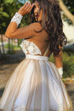 sheer long sleeves plunging neck appliques short homecoming dress