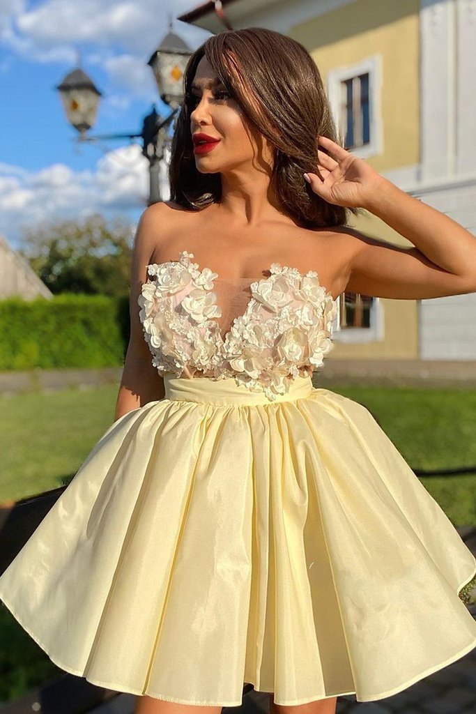 cute strapless yellow satin short homecoming dress with flowers