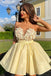 cute strapless yellow satin short homecoming dress with flowers