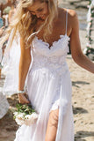 simple spaghetti straps tulle lace applique beach sheath wedding dress