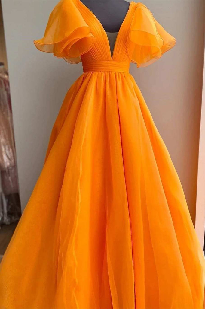 orange plunge v ruffled sleeve a line long formal dress elegant prom dresses