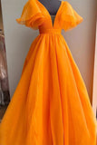 Orange Plunge V Ruffled Sleeve A-Line Long Formal Dress, Elegant Prom Dresses GP360