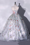 princess silver grey strapless ball gown prom dress lace floral quinceanera dress