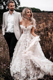 Charm Off the Shoulder Lace Appplique Beach Rustic Wedding Dress PW442