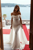Sparkly Off-the-Shoulder Sequins Mermaid Bridal Dress with Detachable Train PW527