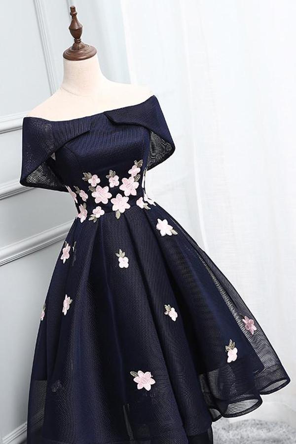 navy blue high low off shoulder prom dress with appliques