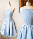 light blue satin short prom dress a line spaghetti straps homecoming dress