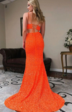 Two Piece Orange Sequins Long Prom Dress, Orange Evening Dress With Slit GP383