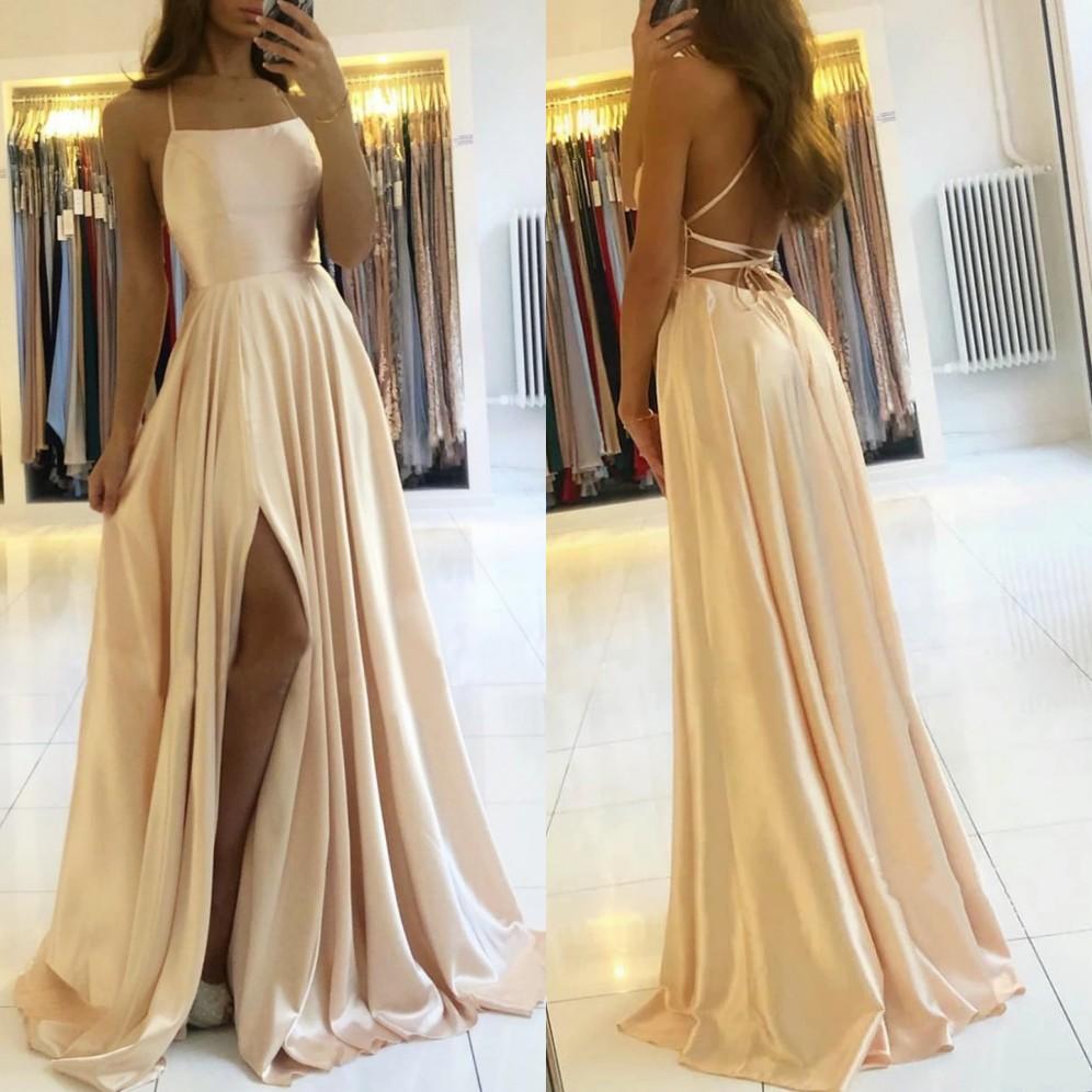 simple a line long prom dresses with slit backless evening dress