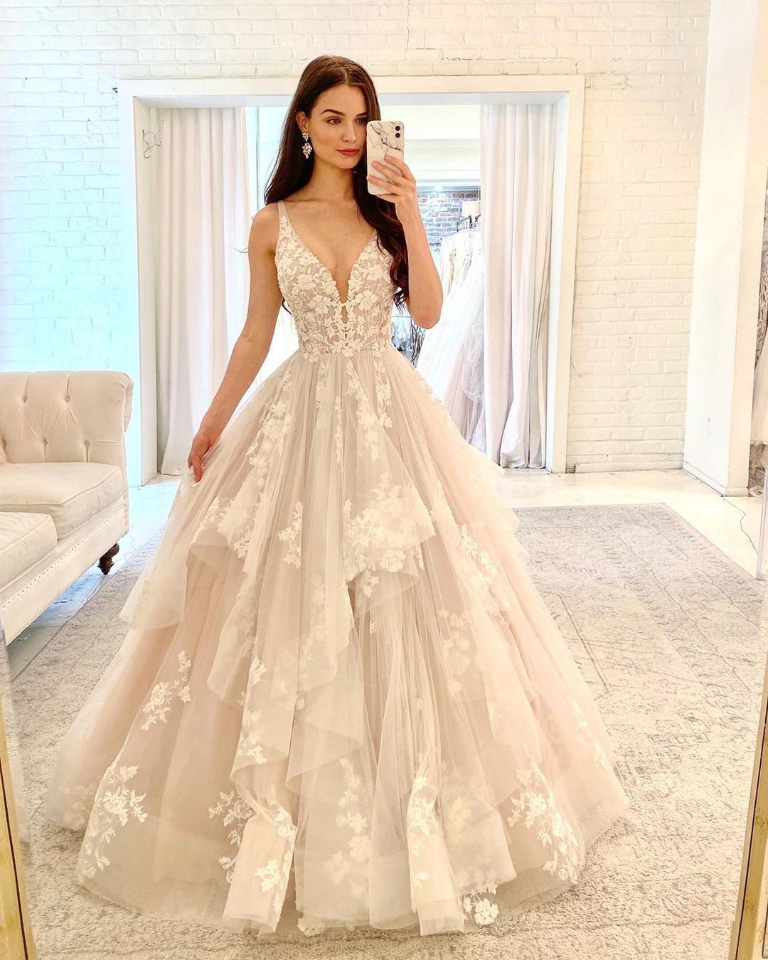 Elegant V Neck Tulle Prom Dresses, Princess Long Wedding Dresses PW469