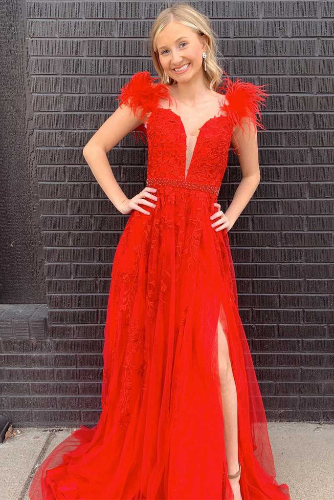 charming a line red feathers long prom dresses appliques beaded party dress