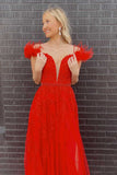 Charming A-Line Red Feathers Long Prom Dresses, Appliques Beaded Party Dress GP427