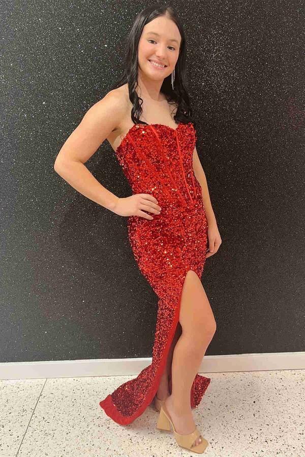 high slit red sequined mermaid long prom dress shiny strapless formal gown