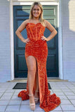 high slit red sequined mermaid long prom dress shiny strapless formal gown