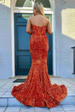 High Slit Red Sequined Mermaid Long Prom Dress, Shiny Strapless Formal Gown GP425