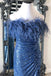 sequins blue strapless feather long formal dress with slit sparkly slit evening gown