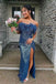 sequins blue strapless feather long formal dress with slit sparkly slit evening gown
