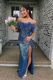 Sequins Blue Strapless Feather Long Formal Dress with Slit, Sparkly Slit Evening Gown GP421