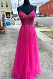 A-Line Straps Neon Pink Beaded Tulle Long Prom Dress, Long Formal Dress GP453