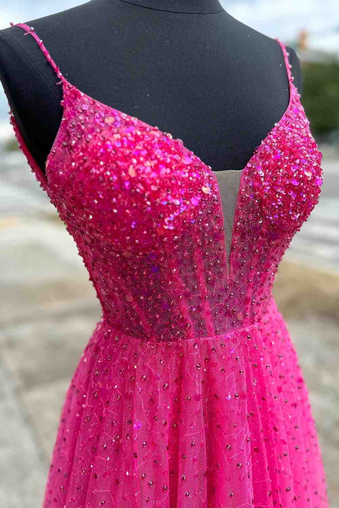 a line straps neon pink beaded tulle long prom dress long formal dress