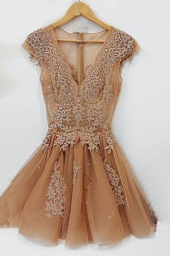 Champagne Tulle Short Homecoming Dress, Cap Sleeve V neck Party Dress with Appliques, GM409