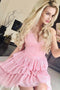 Short Pink Lace Homecoming Dress, A-Line Pink Graduation Gown with Ruffles GM405
