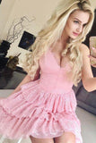 short pink lace homecoming dress a line pink graduation gown with ruffles