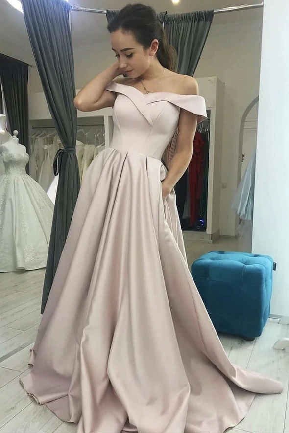 satin simple long prom dress off the shoulder evening gowns