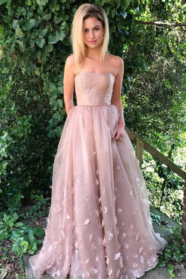 princess strapless dots tulle appliques pockets prom dresses