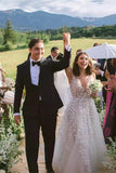 Stunning A Line Beach Wedding Dress, Lace Appliqued Boho Bridal Gown PW443